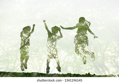 World Environment Day Concept.Double Exposure Kids Jumping And Playing On Meadow And Nature Background