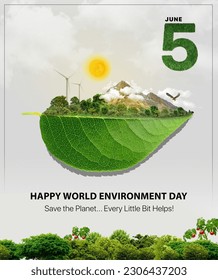 World Environment Day Poster, Nature Conservation 5 June. Leaf Tree Green Energy Ecology. - Shutterstock ID 2306437203