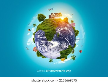 World environment day text with a full view of planet earth and nature landscape creative concept image manipulation.  - Shutterstock ID 2153669875