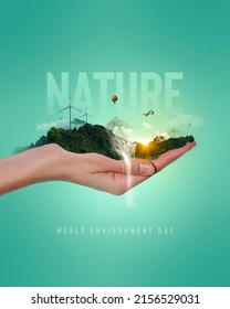 World environment day text with a hand and nature landscape creative concept image manipulation. 