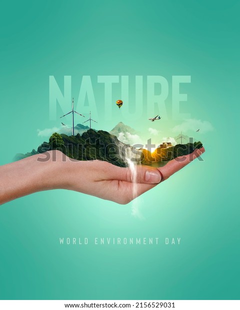 World environment day text\
with a hand and nature landscape creative concept image\
manipulation. 