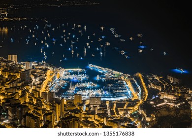 World Fair MYS Monaco Yacht Show At Night, Port Hercules, Luxury Megayachts, Many Shuttles, Party Time, Boat Traffic, Long Exposure, Aerial View, Cityscape, It Is A Lot Of Yachts In The Sea