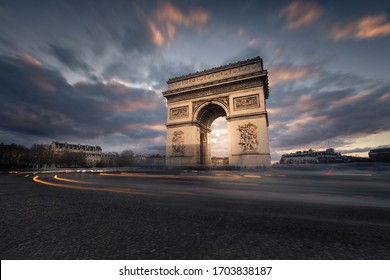 World famous Arc de Triomphe at the city center of Paris, France.	