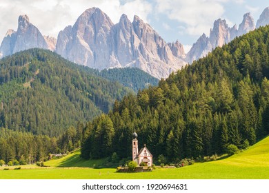 The world famous church in the prairie, San Giovanni in Ranui in Santa Magdalena of the Funes Valley, Trentino Alto Adige, Italy