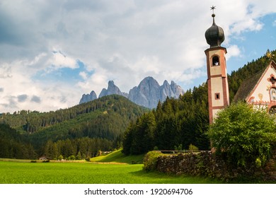 The world famous church in the prairie, San Giovanni in Ranui in Santa Magdalena of the Funes Valley, Trentino Alto Adige, Italy