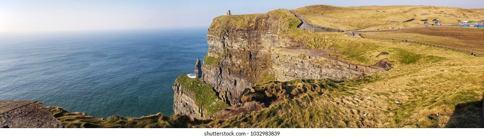 World Famous Cliffs Of Moher In County Clare Ireland. Beautiful Scenic Irish Nature Countryside Along The Wild Atlantic Way. Unesco Global Geopark European Atlantic Geotourism Route