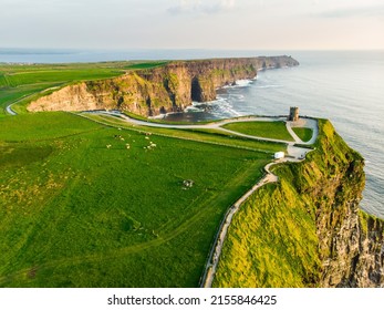World famous Cliffs of Moher, one of the most popular tourist destinations in Ireland. Aerial view of widely known tourist attraction on Wild Atlantic Way in County Clare.