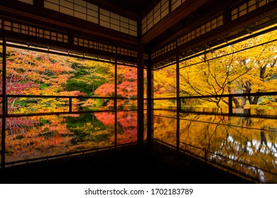 The world famous glass table at Rurikoin in Kyoto Japan during peak season in Autumn.