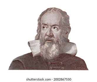 World famous Italian medieval scientist Galileo Galilei isolated on white background. Fragment of old Italian banknote