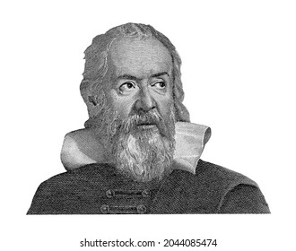 World Famous Italian Medieval Scientist Galileo Galilei Isolated On White Background. Black And White Image. Fragment Of Old Italian Banknote