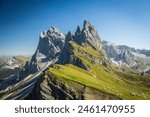 The world famous peaks of Seceda in the Italian Dolomites on a clear day.