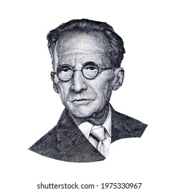 World Famous Physicist Erwin Schrödinger Black And White Portrait Close Up Isolated On White Background. Fragment Of Austrian Banknote