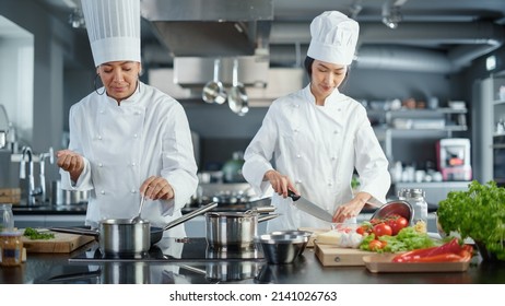 World Famous Restaurant: Duo Team of Asian and Black Female Chefs Cooking Delicious and Authentic Food, Perfect Teamwork in Preparing Healthy Meal in Modern Kitchen. Fusion Cuisine Masters. Wide Shot