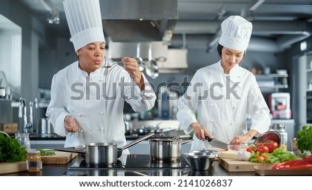 World Famous Restaurant: Duo Team of Asian and Black Female Chefs Cooking Delicious and Authentic Food, Perfect Teamwork in Preparing Healthy Meal in Modern Kitchen. Fusion Cuisine Masters. Wide Shot