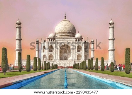 World famous and seven wonder of the earth The great Tajmahal against dramatic pink violet cloudy sky
in Agra uttarpradesh india.Unesco world heritage site.