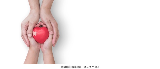 World first aid day, world heart health day, child parenting, nursing care, medical health and kid's life insurance concept with pediatric patient's heart in nurse hands isolated on white background - Powered by Shutterstock