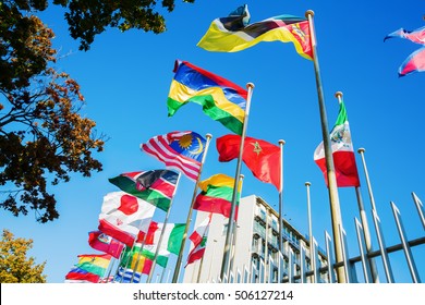 World Flags In Front Of UNESCO Headquarters In Paris, France