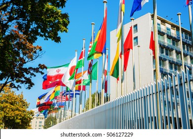 World Flags In Front Of UNESCO Headquarters In Paris, France