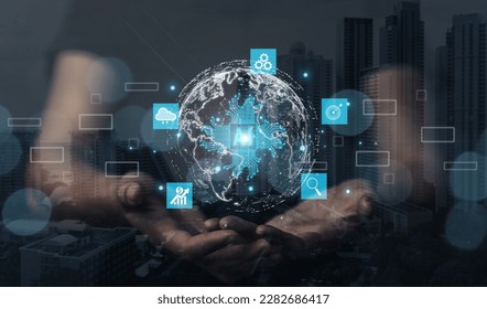 The world of the future, connecting data with internet technology. A huge source of information that connects the whole world with an online system. The concept of using AI artificial intelligence tec