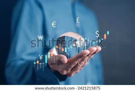 World Global currency exchange and money transfer, Businessman touching virtual world map and currency sign include dollar yuan yen euro and pound sterling.