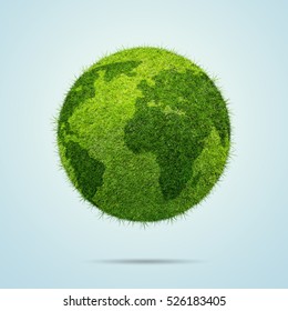 World Globe Shape Of Green Grass Isolated On Blue Background