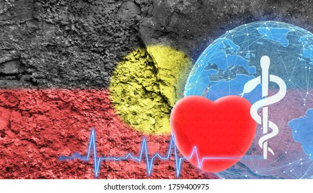 World Health Concept. The Flag Of Australian Aboriginal Is Shown On The Cracked Wall Of The Building.