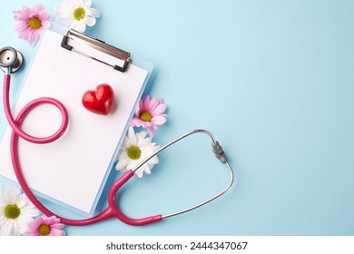 World health day: focus on cardiac wellness. Top view shot of pink stethoscope, red heart, clipboard and chrysanthemums on light blue background with space for cardiovascular health tips - Powered by Shutterstock