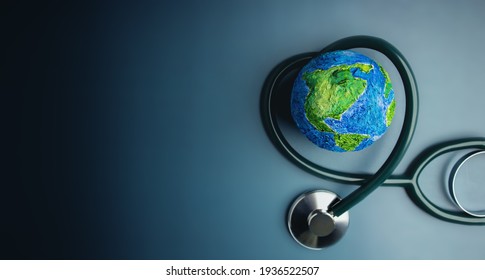 World Health Day. Global Health Awareness Concept. Handmade Globe inside Stethoscope as Heart Shape. Green Environment to Love and Care - Powered by Shutterstock