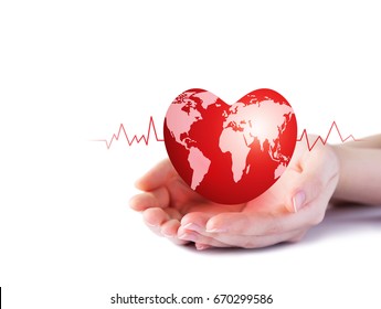 World Heart Day Concept Of Young Woman Hand Holding Red Heart With World Map On White Background