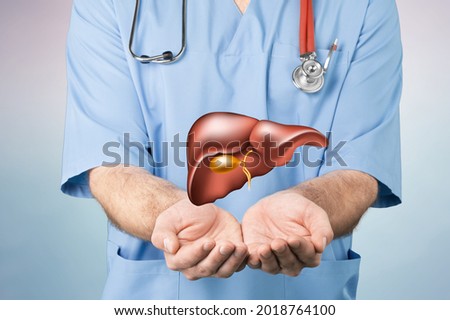 World hepatitis day concept. Doctor hands holding liver with viral infection symbol.