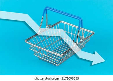 World Hunger Threat And Food Crisis, Food Supply Problems, Food Price Increase, Consumer Basket Price Increase, Decline Graph Against The Background Of A Supermarket Basket On A Blue Background