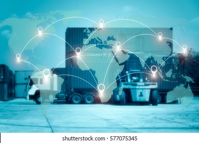 World international map connection connect network with blurred distribution logistic cargo warehouse background