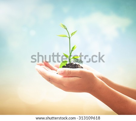 World kindness day concept: Human hand holding small tree over blurred world map of clouds background