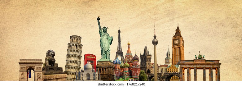 World Landmarks And Famous Monuments Collage Isolated On Panoramic Vintage Textured Background