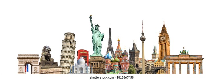 World Landmarks And Famous Monuments Collage Isolated On Panoramic White Background