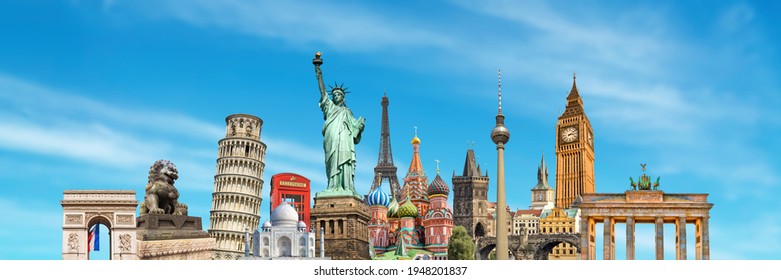 World Landmarks And Famous Monuments Panoramic Collage On Blue Sky Background