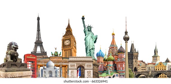 World landmarks photo collage isolated on white background, travel, tourism and study around the world concept - Shutterstock ID 663326941