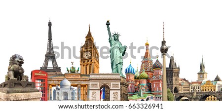 World landmarks photo collage isolated on white background, travel, tourism and study around the world concept