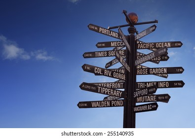 World Landmarks Signpost Containing Various Famous Places All Over The World, With Blue Sk And Free Copy Space For Your Text