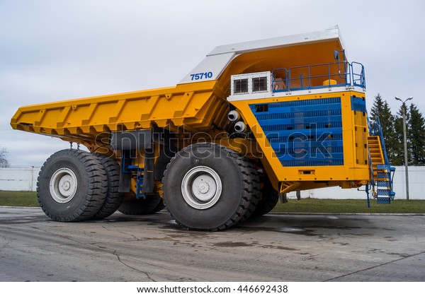 World Largest Huge Truck\
BelAZ. Yellow coloring huge mining haul truck. Zodzina, Belarus -\
March 9, 2016: Haul truck BelAZ 75710 by Belarusian manufacturer\
BelAZ. 