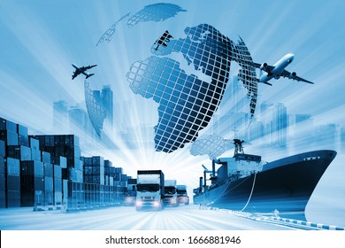 The World Logistics  Background Or Transportation Industry Or Shipping Business, Container Cargo  Shipment , Truck Delivery, Airplane , Import Export Concept