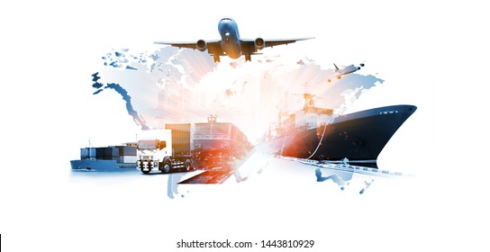 The World Logistics , There Are World Map With Logistic Network Distribution On Background And Logistics Industrial Container Cargo Freight Ship For Concept Of Fast Or Instant Shipping