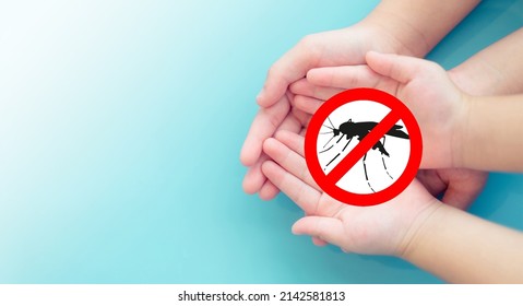 World malaria day.Kid hand and Mother with stop sign Mosquito blood breeding on kids.Repellent, Dengue virus, Yellow fever, Malaria vaccine Mosquitoes concept.Lotion and Spray repellent.Skin allergy.