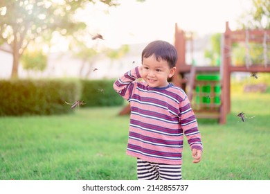 World Malaria Day.Mosquitoes Bite Kid Child Boy On Face.Mosquito Blood Breeding On Kids.Repellent, Dengue Virus, Yellow Fever, Malaria Vaccine Mosquitoes Concept.Cream And Spray Repellent.Skin Allergy