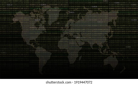 World map with 01 or binary numbers on the computer screen on monitor matrix background. Digital data code.