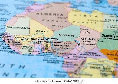 world map of africa with close up focus in niger, mali and chad