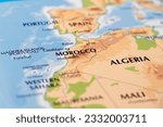 world map of african and european border, morocco and algeria in close up focus
