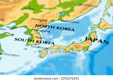 world map of asia countries, north and south korea and japan in close up