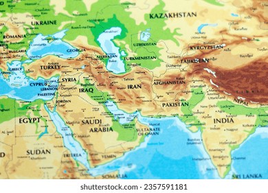 world map or atlas of asia and middle east countries, india, pakistan, afghanistan, iran, iraq , saudi arabia in focus