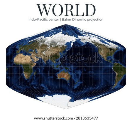 World Map in Baker Dinomic Projection. Indo-Pacific centered, detailed physical illustration. High-resolution global view. April View. Elements of this image furnished by NASA.